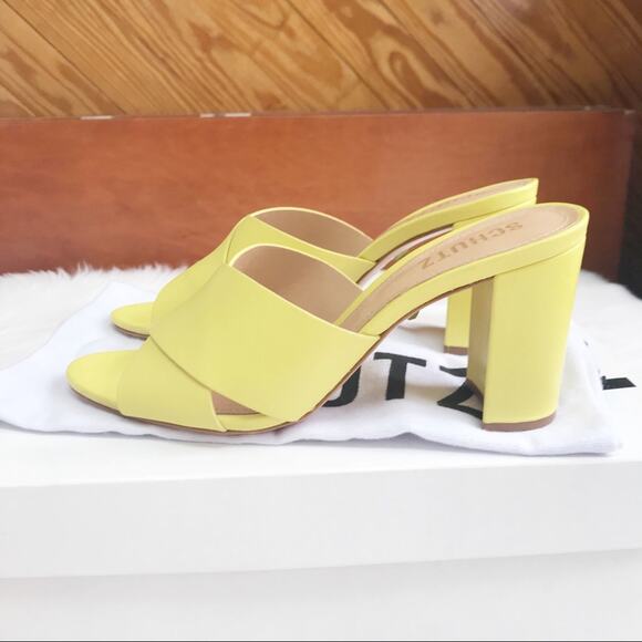 SCHUTZ Renna Leather Mule Block Heel Sandal Yellow - Picture 4 of 8